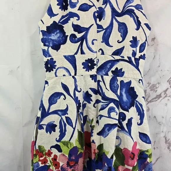 Eliza J Dress Women 8 Medium Floral White Blue Sheath A Line Pleated Tank Flare