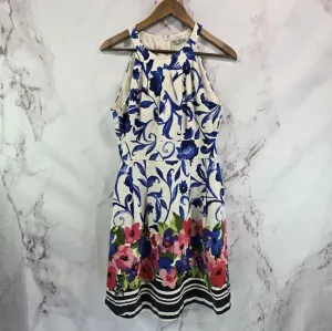 Eliza J Dress Women 8 Medium Floral White Blue Sheath A Line Pleated Tank Flare