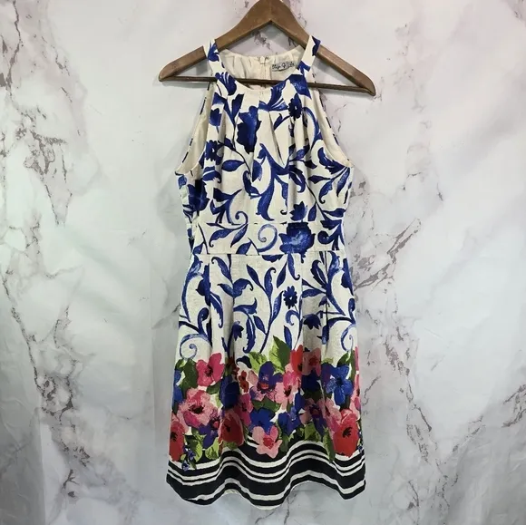 Eliza J Dress Women 8 Medium Floral White Blue Sheath A Line Pleated Tank Flare