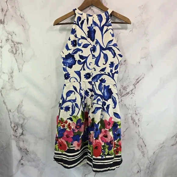 Eliza J Dress Women 8 Medium Floral White Blue Sheath A Line Pleated Tank Flare