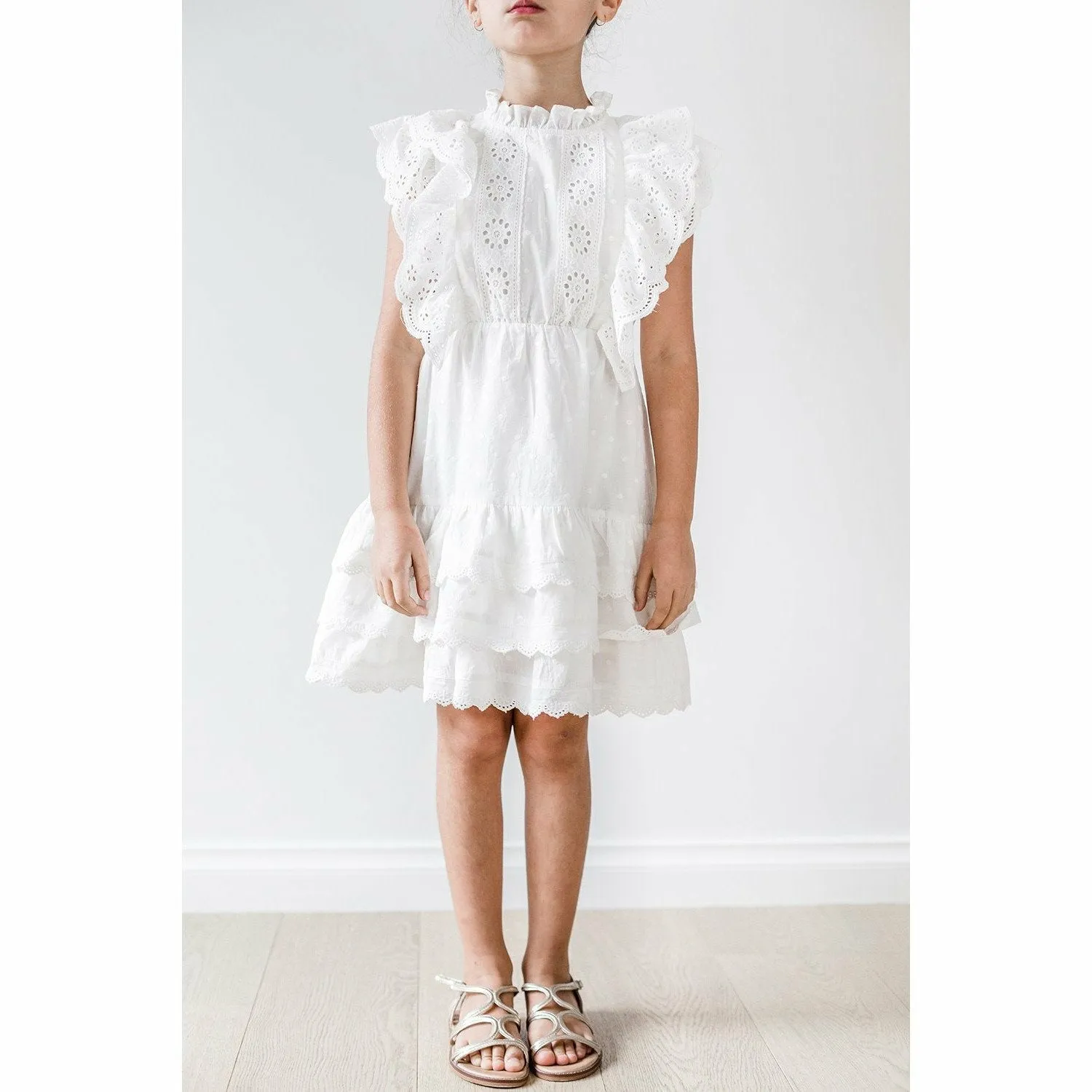 Embroidered Ruffle Dress - White