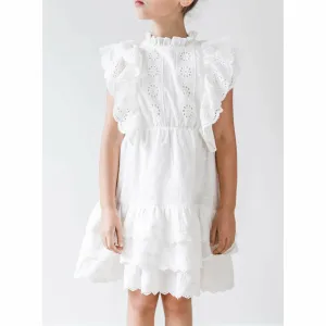 Embroidered Ruffle Dress - White