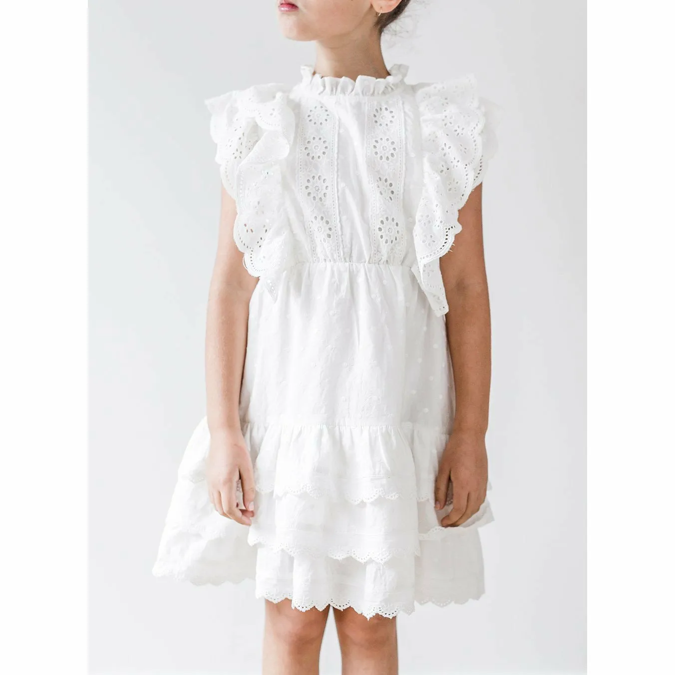 Embroidered Ruffle Dress - White