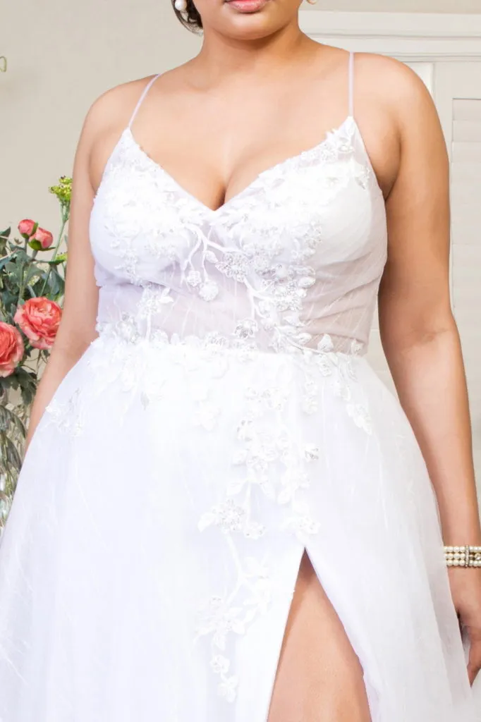 Embroidered Sheer Bodice V-Neck Wedding Gown /w Tail