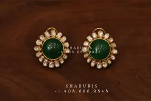 Emerald stud,polki stud,polki diamond jewelry in silver,big studs,indian jewelry,statement jewelry-SHABURIS