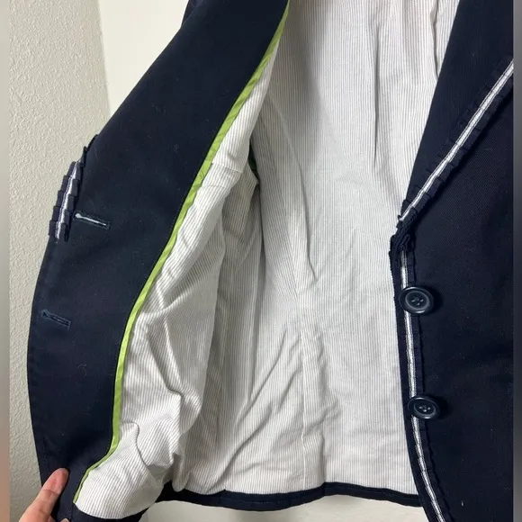 EUC J Crew Schoolboy Blazer Jacket Navy Cotton Ruffle White Trim  Size 6