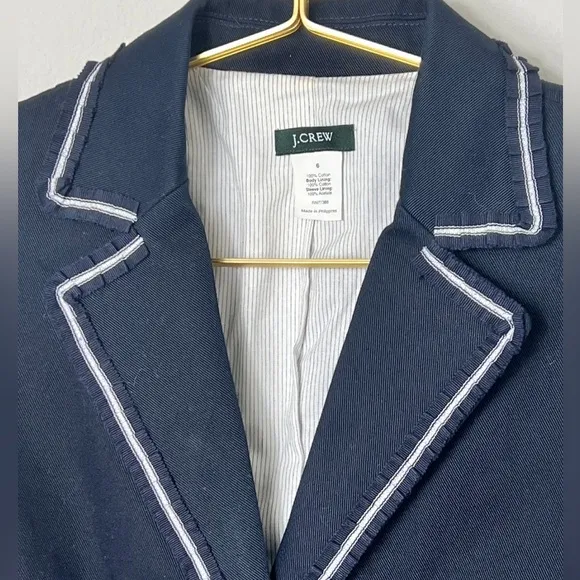EUC J Crew Schoolboy Blazer Jacket Navy Cotton Ruffle White Trim  Size 6