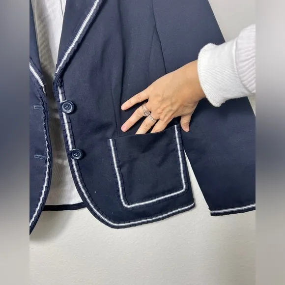 EUC J Crew Schoolboy Blazer Jacket Navy Cotton Ruffle White Trim  Size 6