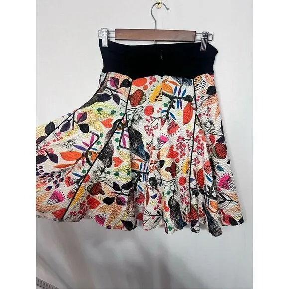 Eva Franco Anthropologie knit jersey waist floral bird knee length circle skirt
