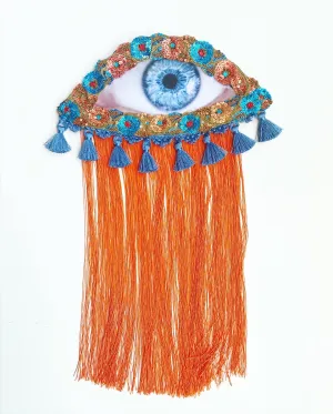 Eye Appliqué with Blue Tassels and Orange Fringe