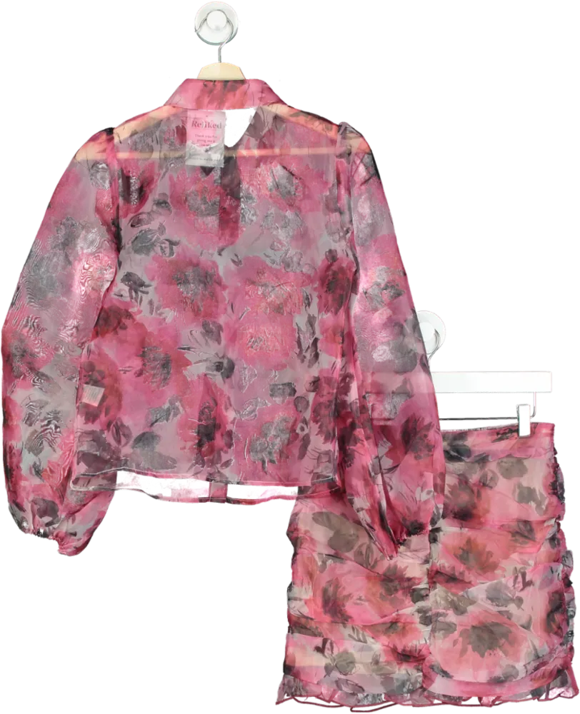 Fanco Pink Floral Sheer Blouse and Skirt Set UK S