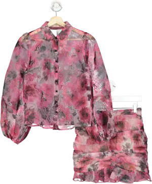 Fanco Pink Floral Sheer Blouse and Skirt Set UK S