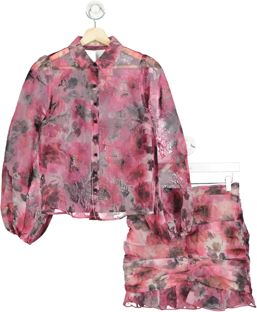 Fanco Pink Floral Sheer Blouse and Skirt Set UK S