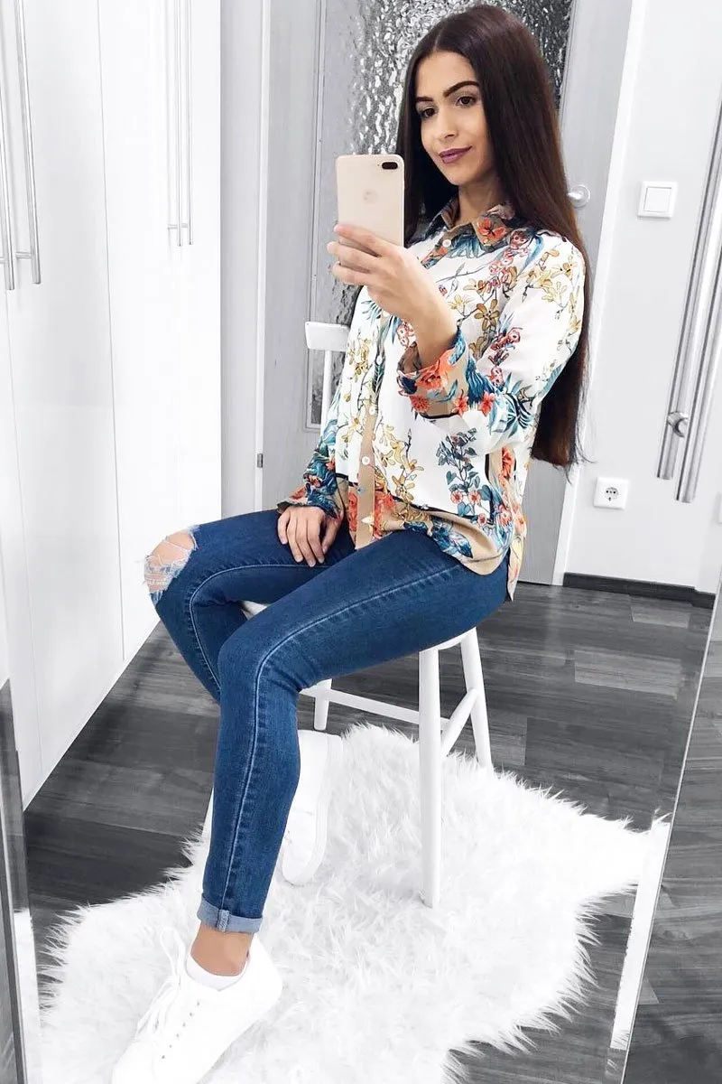 Floral Button Down Blouse with Beige Contrast - Katherine