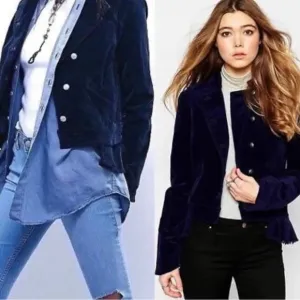 FREE PEOPLE Velvet Military Raw Hem Blazer Jacket Navy Blue Size Small