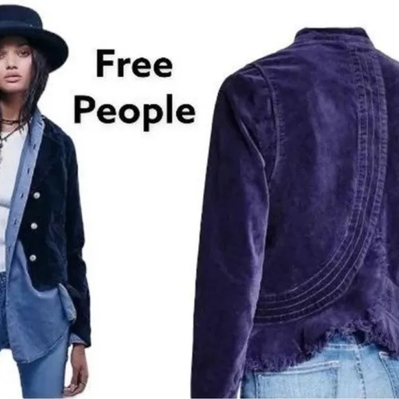 FREE PEOPLE Velvet Military Raw Hem Blazer Jacket Navy Blue Size Small