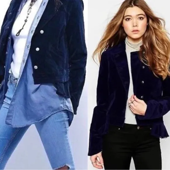 FREE PEOPLE Velvet Military Raw Hem Blazer Jacket Navy Blue Size Small