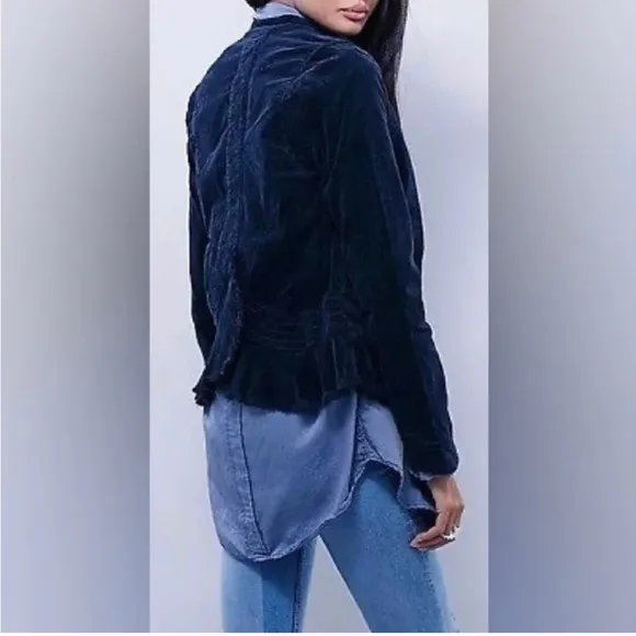 FREE PEOPLE Velvet Military Raw Hem Blazer Jacket Navy Blue Size Small