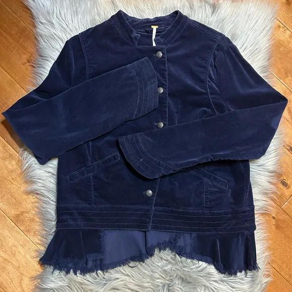 FREE PEOPLE Velvet Military Raw Hem Blazer Jacket Navy Blue Size Small