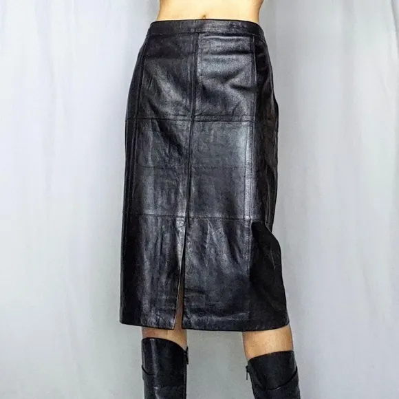 Genuine leather midi pencil skirt