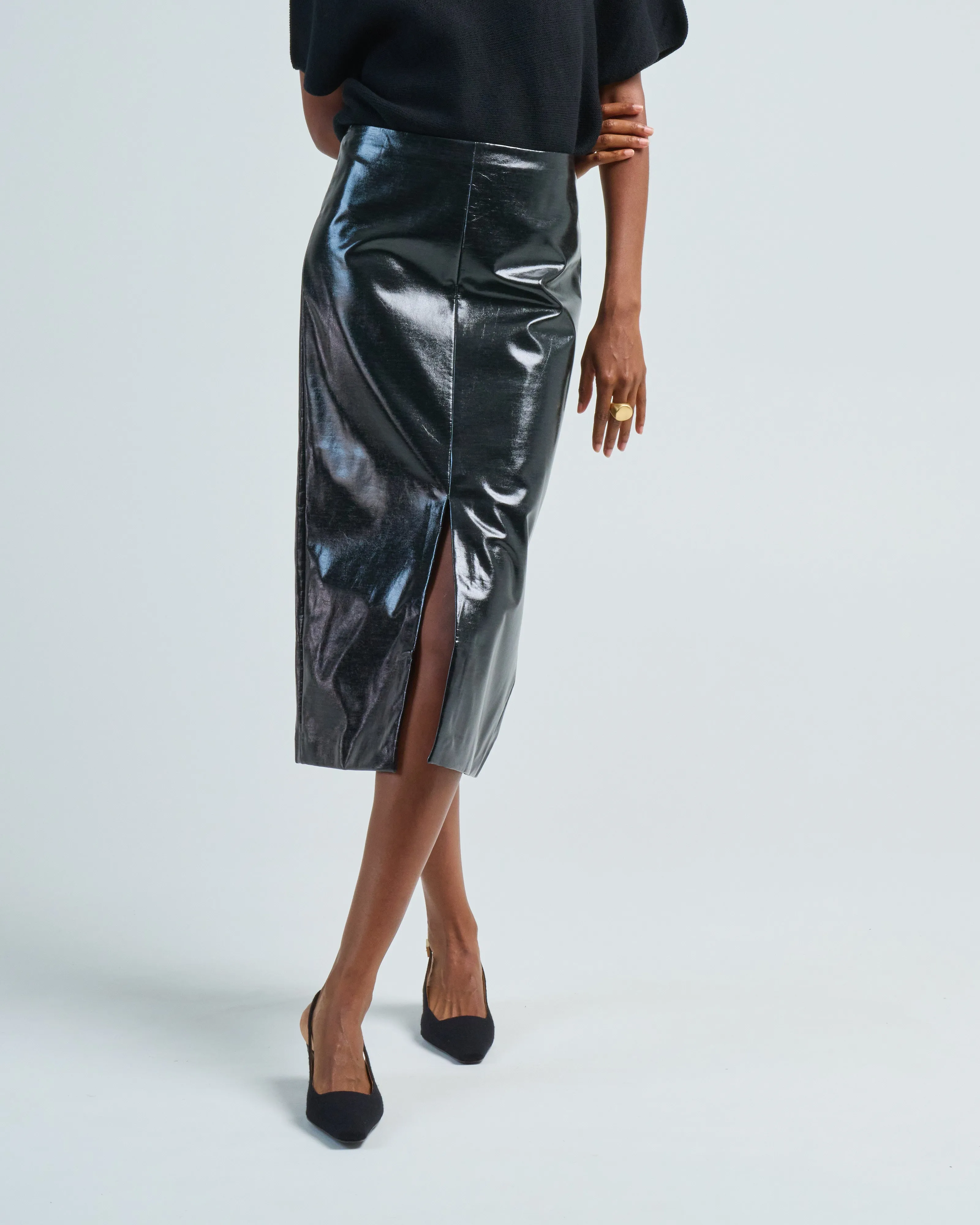 glossed jersey pencil skirt