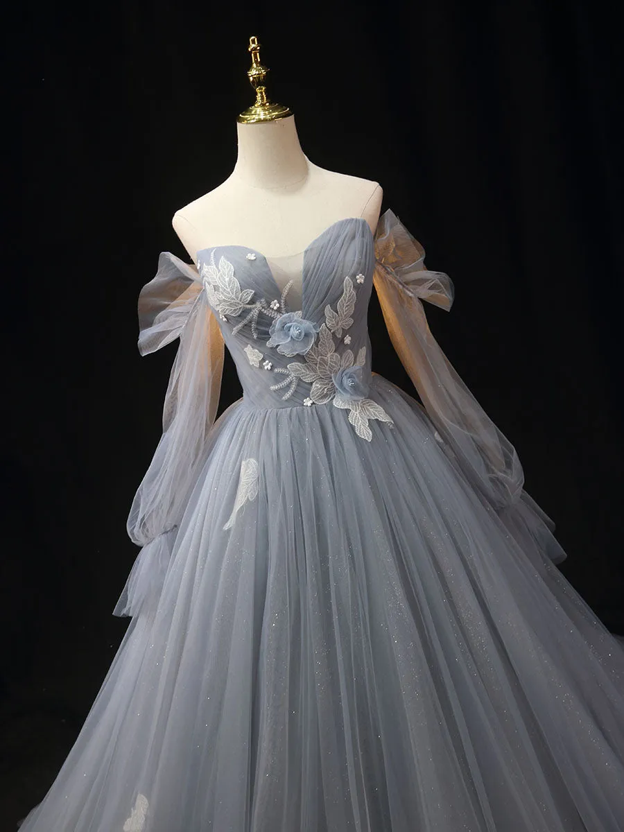 Gray Blue A-Line Long Prom Dress, Gray Lace Formal Dresses