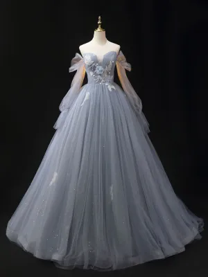 Gray Blue A-Line Long Prom Dress, Gray Lace Formal Dresses