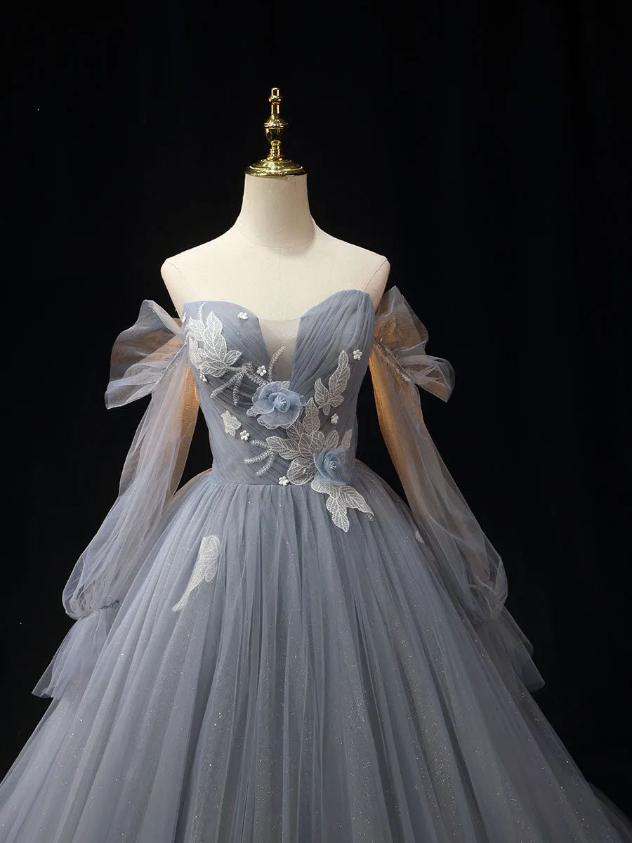 Gray Blue A-Line Long Prom Dress, Gray Lace Formal Dresses