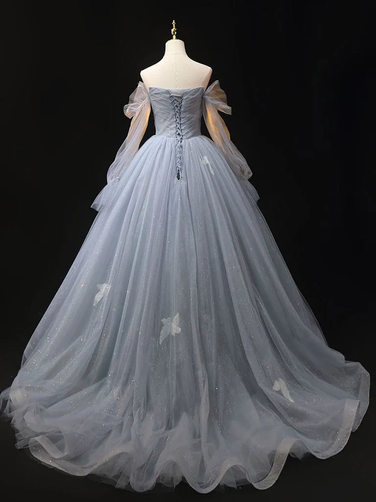 Gray Blue A-Line Long Prom Dress, Gray Lace Formal Dresses