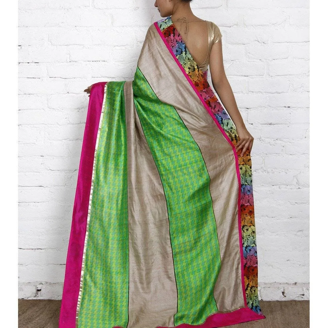 Grey & Green Muga Silk Saree with Banarasi Silk Border