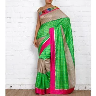 Grey & Green Muga Silk Saree with Banarasi Silk Border
