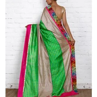 Grey & Green Muga Silk Saree with Banarasi Silk Border