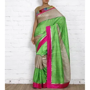 Grey & Green Muga Silk Saree with Banarasi Silk Border