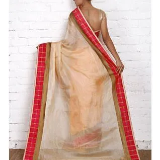 Grey & Peach Muga Silk Saree with Banarasi Silk Border