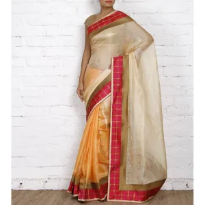 Grey & Peach Muga Silk Saree with Banarasi Silk Border