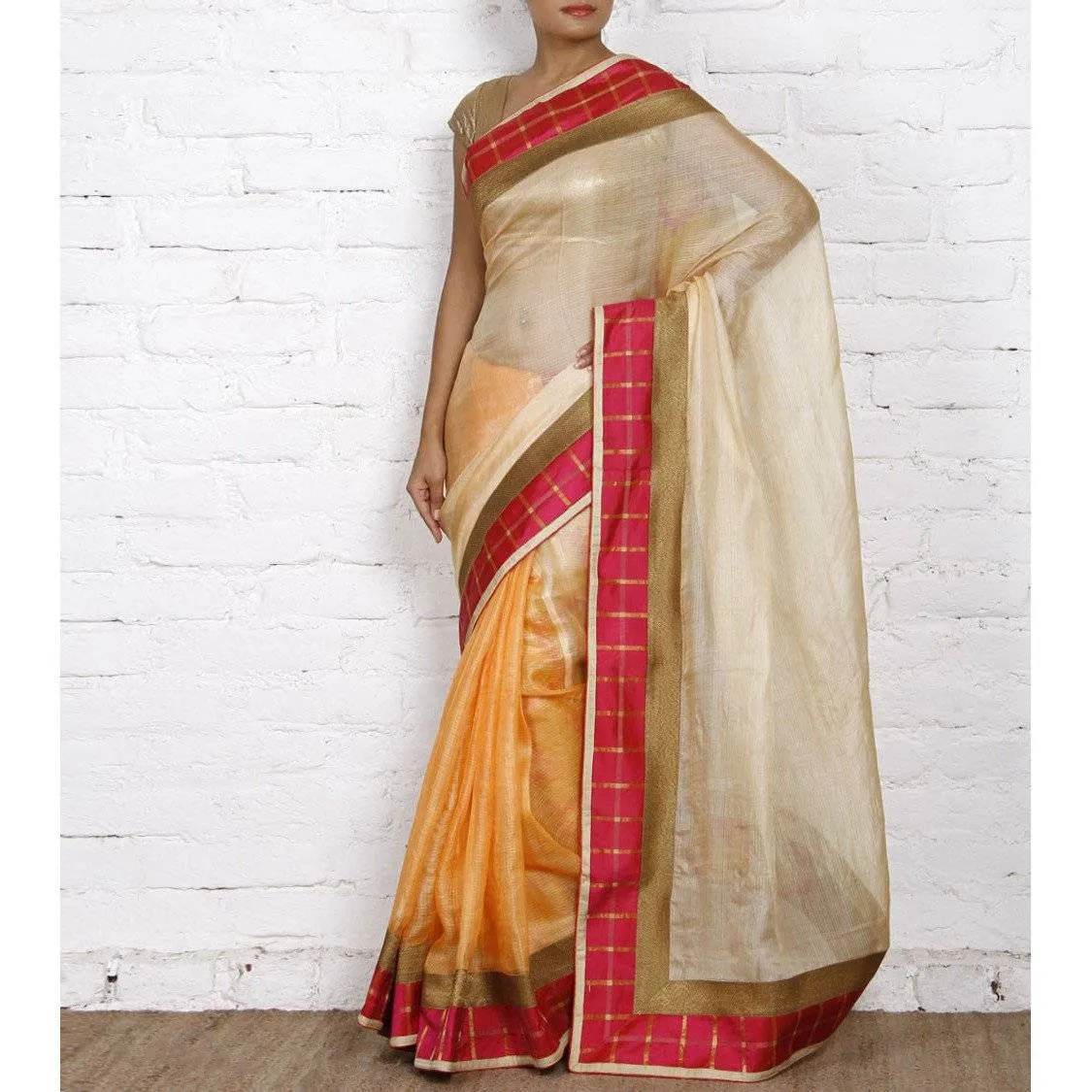 Grey & Peach Muga Silk Saree with Banarasi Silk Border