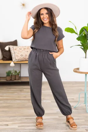 Grey Crinkle Textured Top and Joggers Set