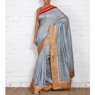 Grey Muga Silk Saree with Banarasi Brocade Border