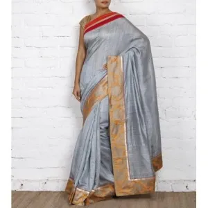 Grey Muga Silk Saree with Banarasi Brocade Border