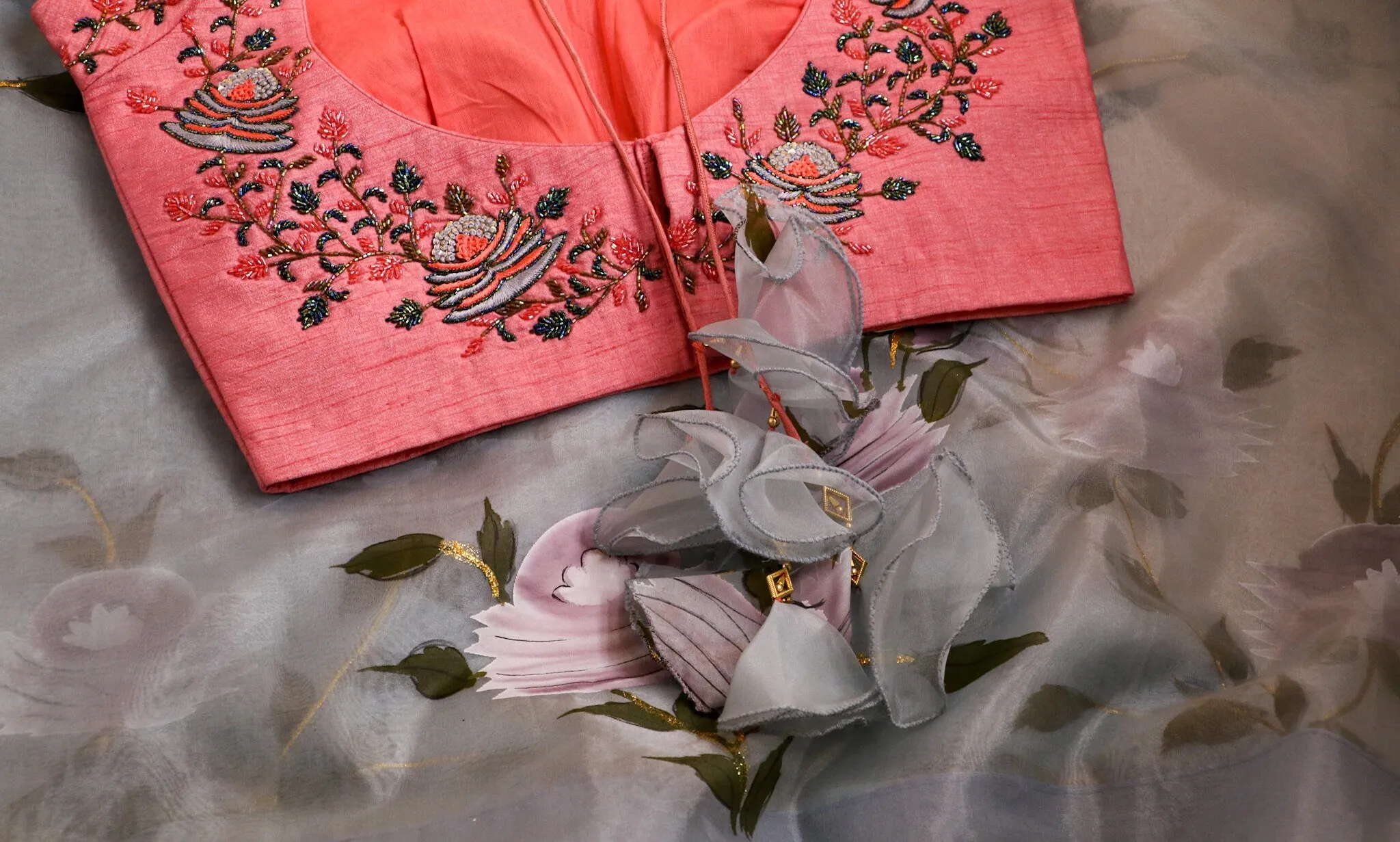 Hand Painted Pure Organza Saree Designer saree Wedding saree Sangeet Saree Haldi Saree Maggam Work Blouse - Ready to Ship Saree