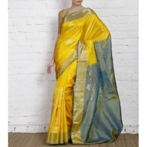 Handwoven Yellow and Blue Silk Saree