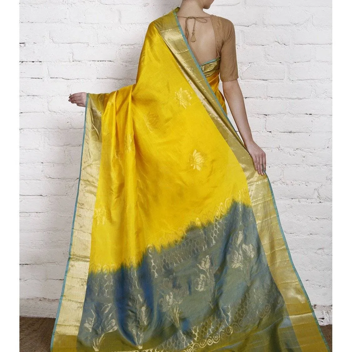 Handwoven Yellow and Blue Silk Saree
