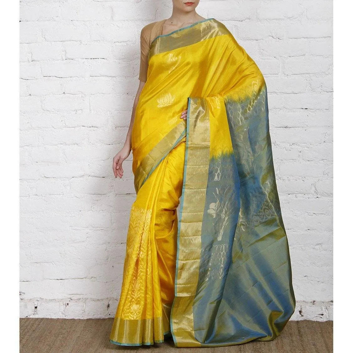 Handwoven Yellow and Blue Silk Saree