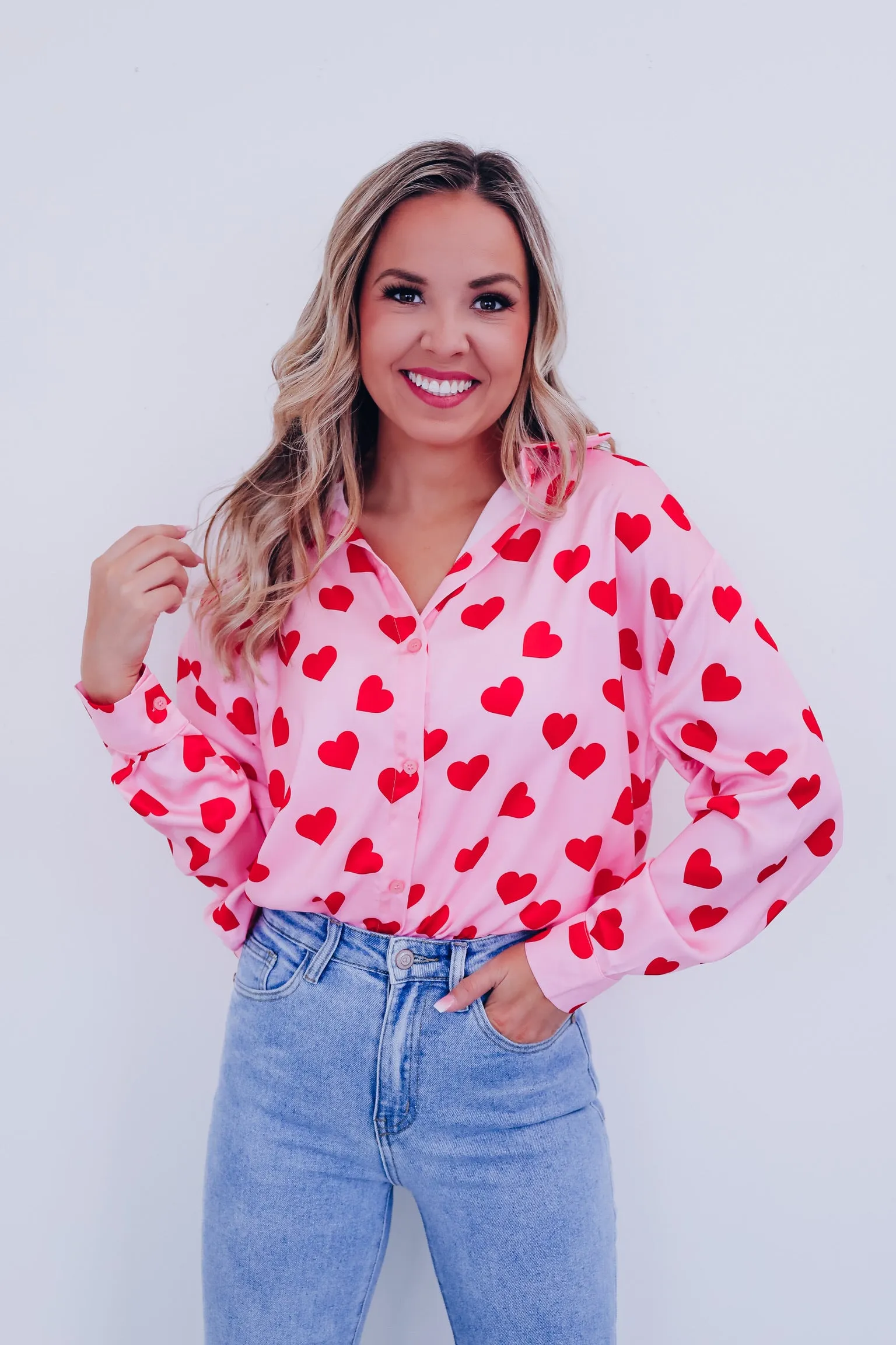 Hearts A Flutter Button Up Blouse