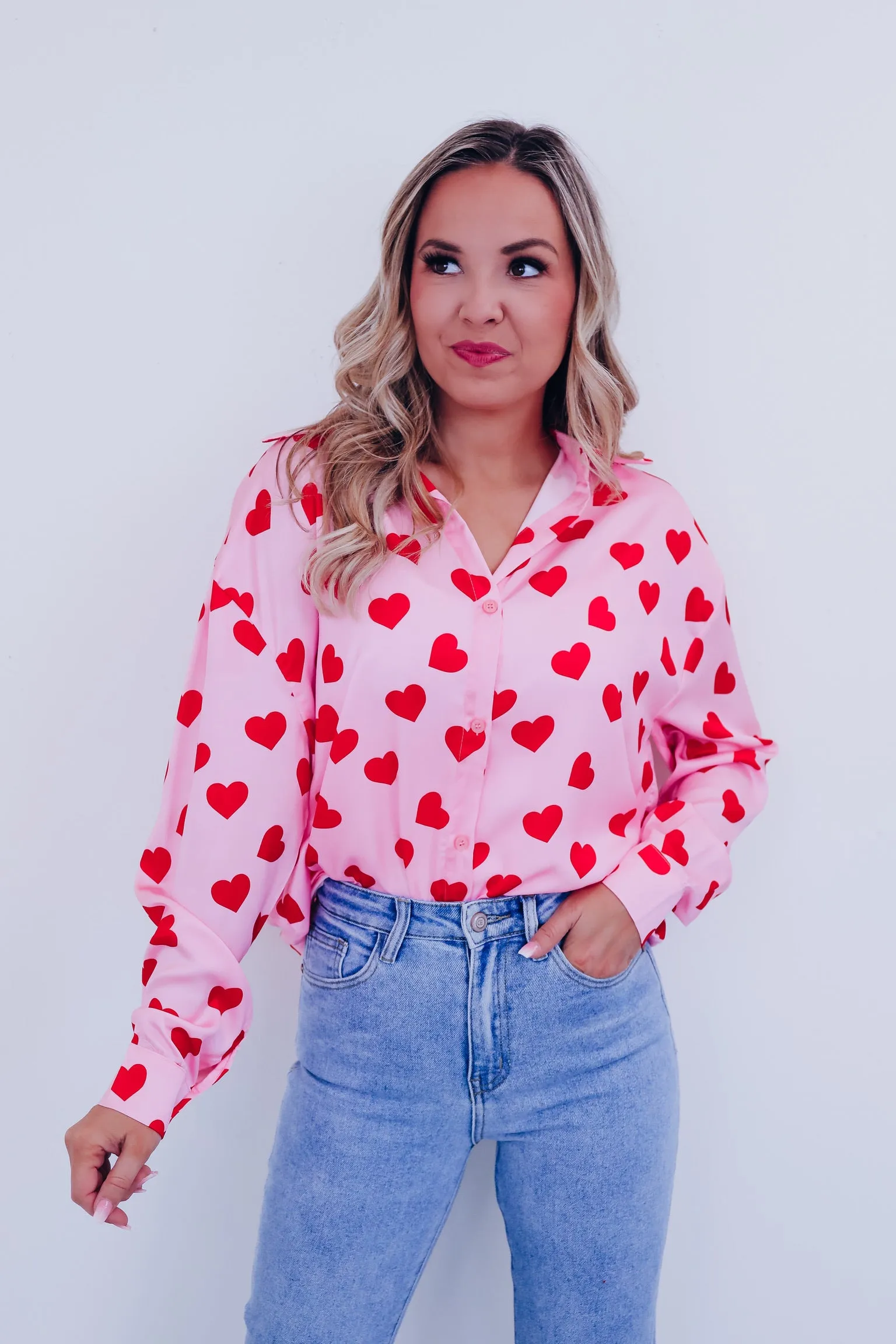 Hearts A Flutter Button Up Blouse