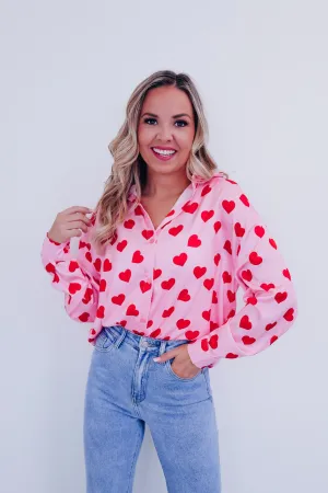 Hearts A Flutter Button Up Blouse