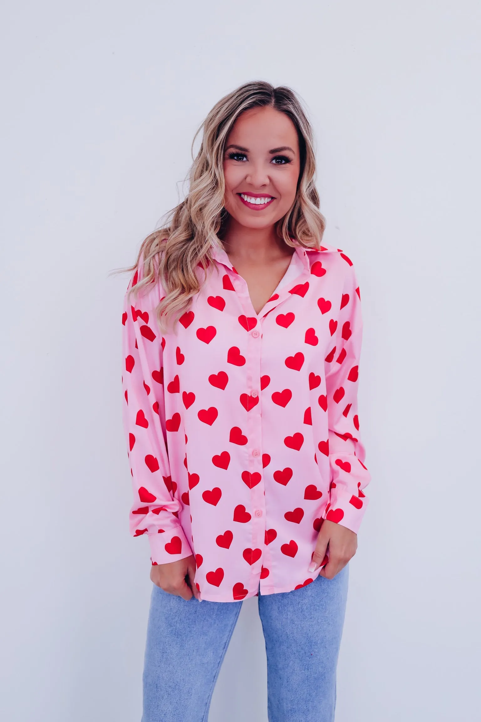 Hearts A Flutter Button Up Blouse
