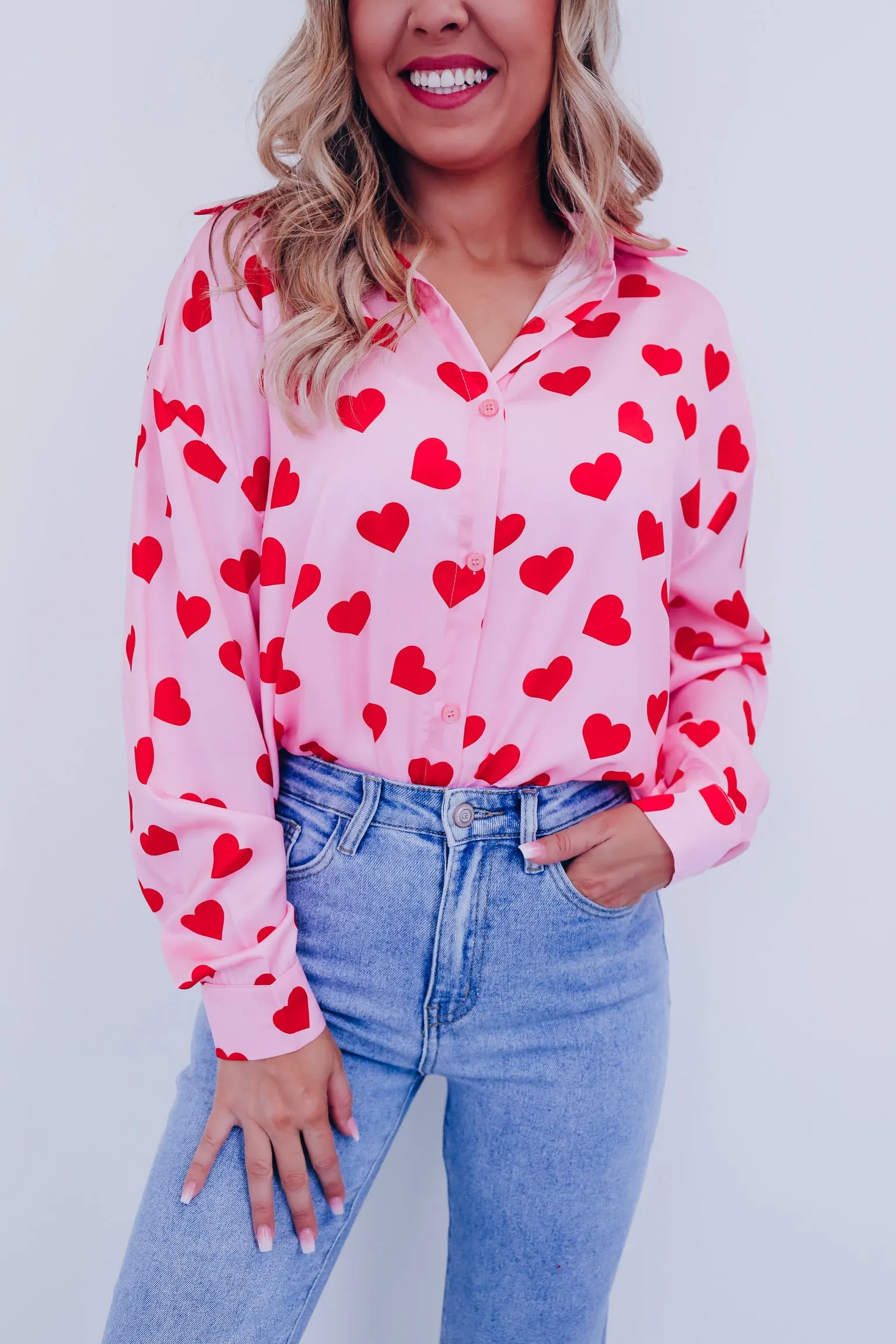Hearts A Flutter Button Up Blouse