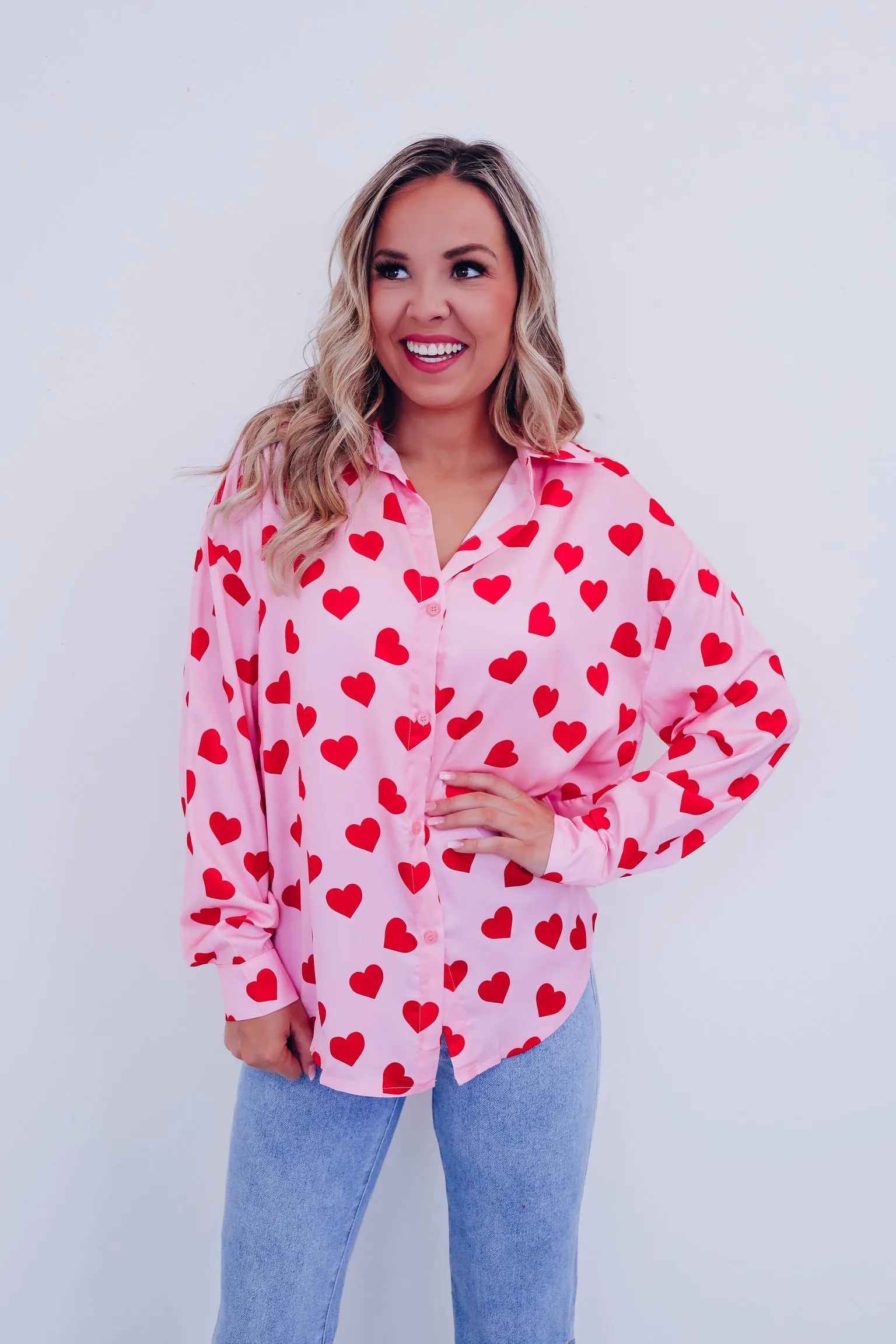 Hearts A Flutter Button Up Blouse