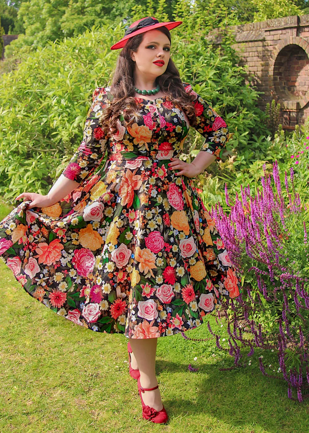 Hearts & Roses Cassidy Floral 50's Swing Dress Black
